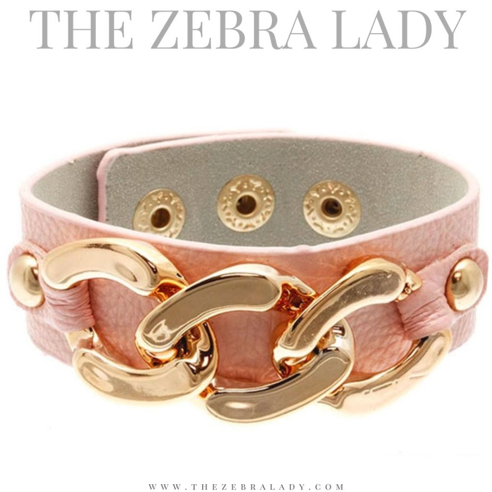Pink Leather Chain Link Snaps Bracelet